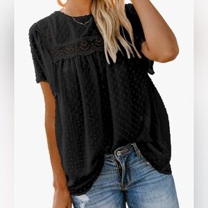 Women's Black Eyelet Chiffon Pom Pom Blouse Casual Chic Flowy Shirt Top Size M